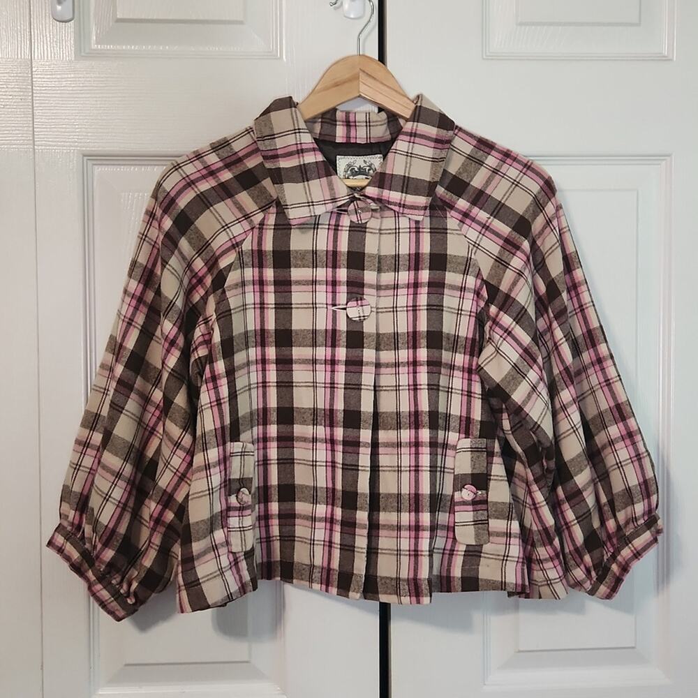 Nori Women's Pink‎ & Brown Plaid Button Front Cropped Puff Sleeve Jacket Size LG